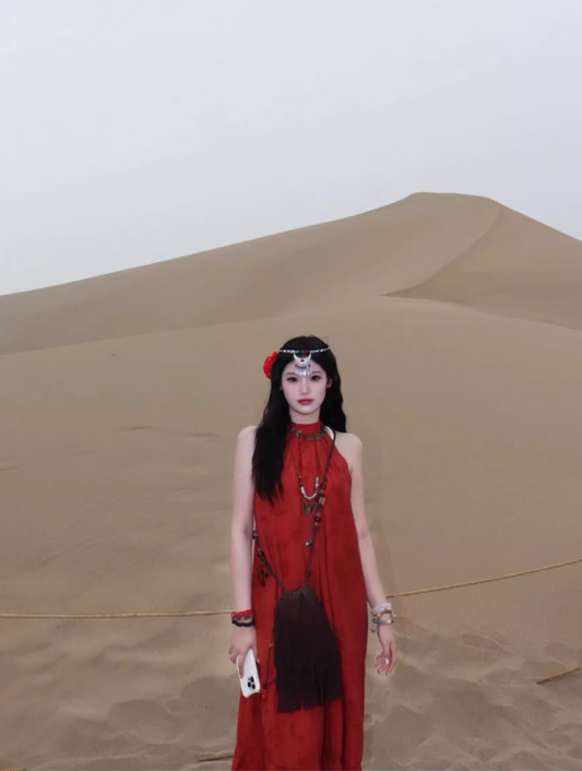 Chic Stylish Shoots Round Neck Red Maxi Dress Loose Style Flowy Hem Long Dress AP1513