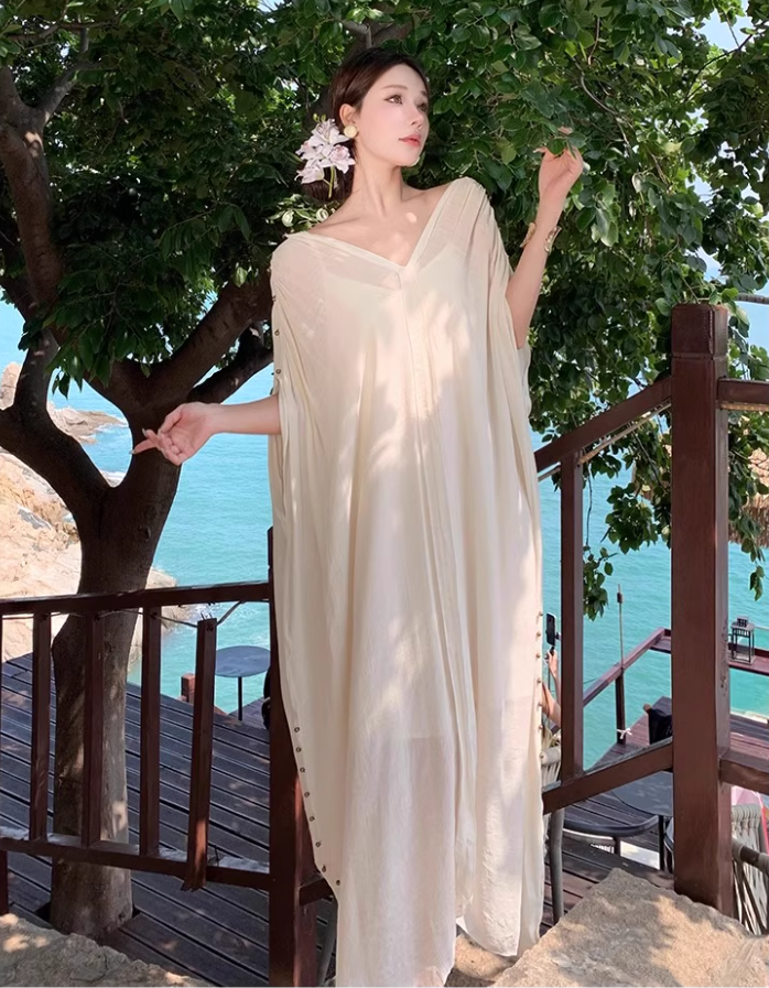 Dreamy V-Neck Beige Kaftan With Spaghetti Strap Maxi Dress Chic Beach Vacays Ruched Sleeve Long Dress AP1514