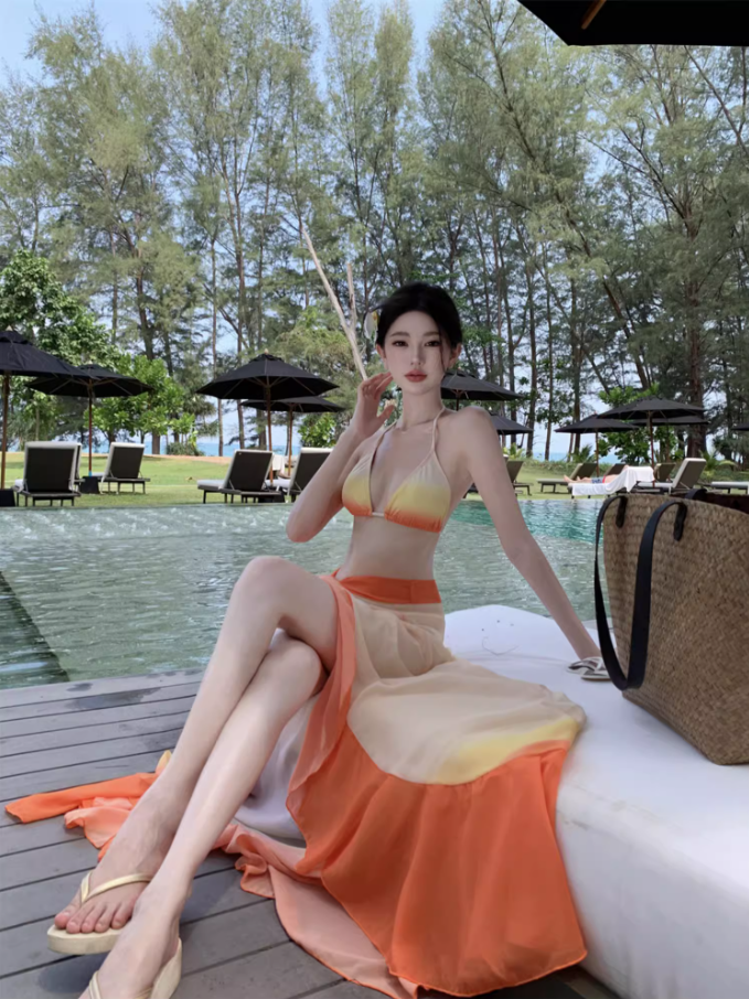 Vibrant Orange Ombre Bikini Two-Piece Set Maxi Dress Chic Triangle Top Ruffles Hem Sheer Sarong Halter Long Dress AP1516