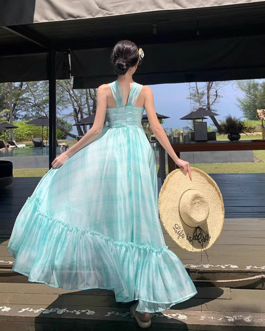 Vogue Mint Green Plaid Twist-Front Maxi Dress Charming Crisscross Flowy Ruffle Hem Halter Long Dress AP1517