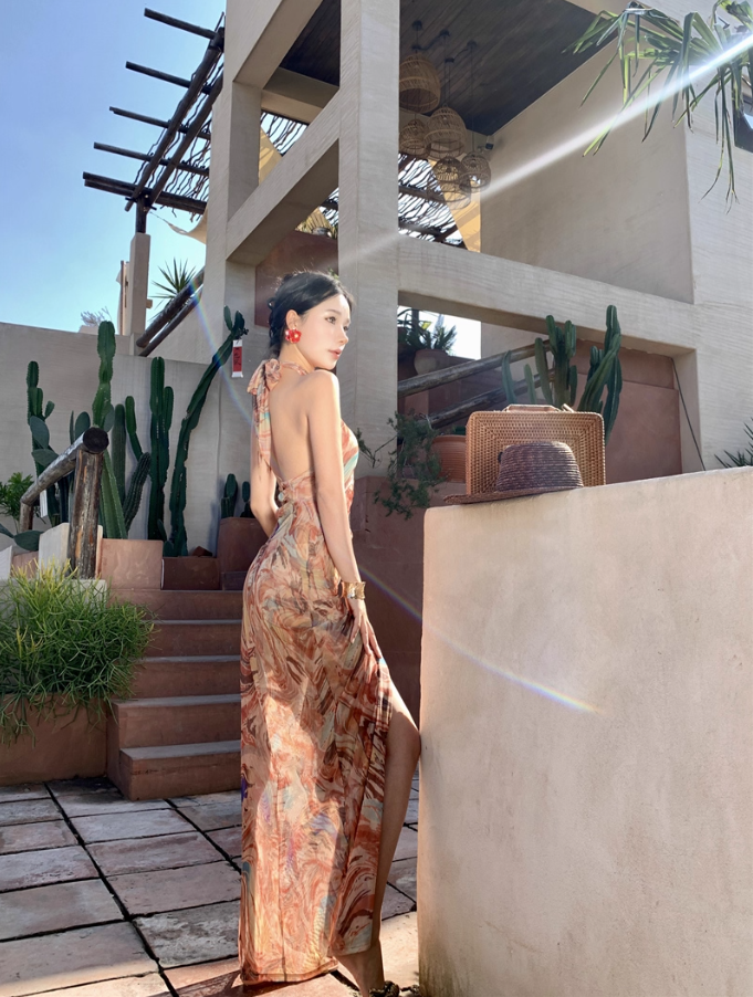 Sexy Marble-Print Waist Cutout Maxi Dress Chic Beachside Events High-Slit Backless Tie-Back Halter Long Dress AP1519