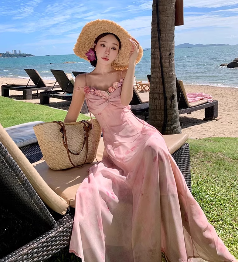Gorgeous Pink Flowers Design Spaghetti Strap Maxi Dress Versatile Summer Getaways Floral Print Double Layers Long Dress AP1528