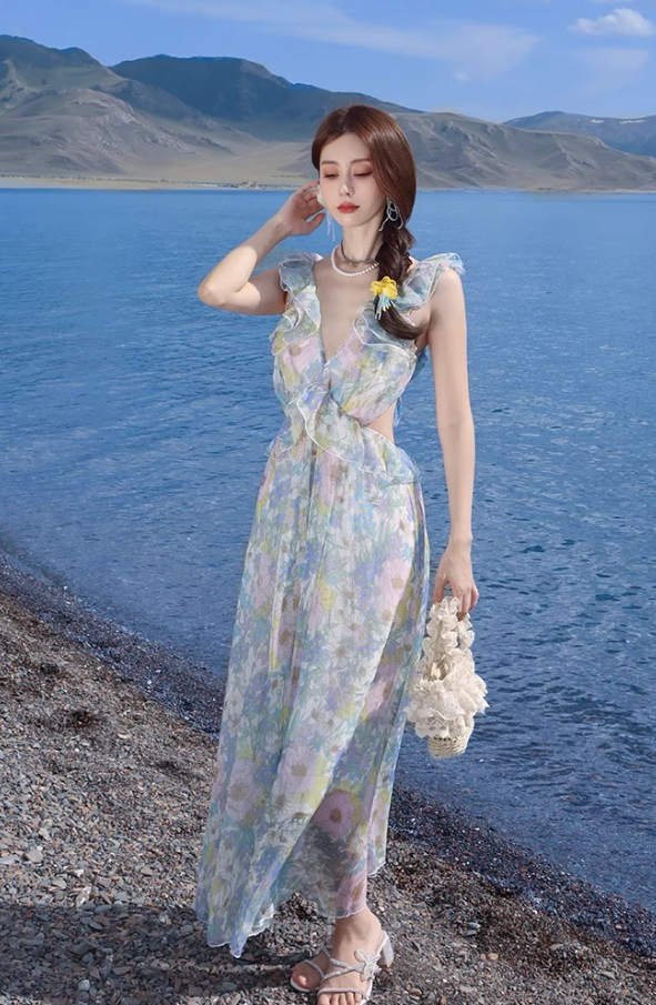 Dreamy Flowy Chiffon Spaghetti Strap Ruffles Trimmed Maxi Dress Coastal Trips Romantic Floral Print Long Dress AP1530