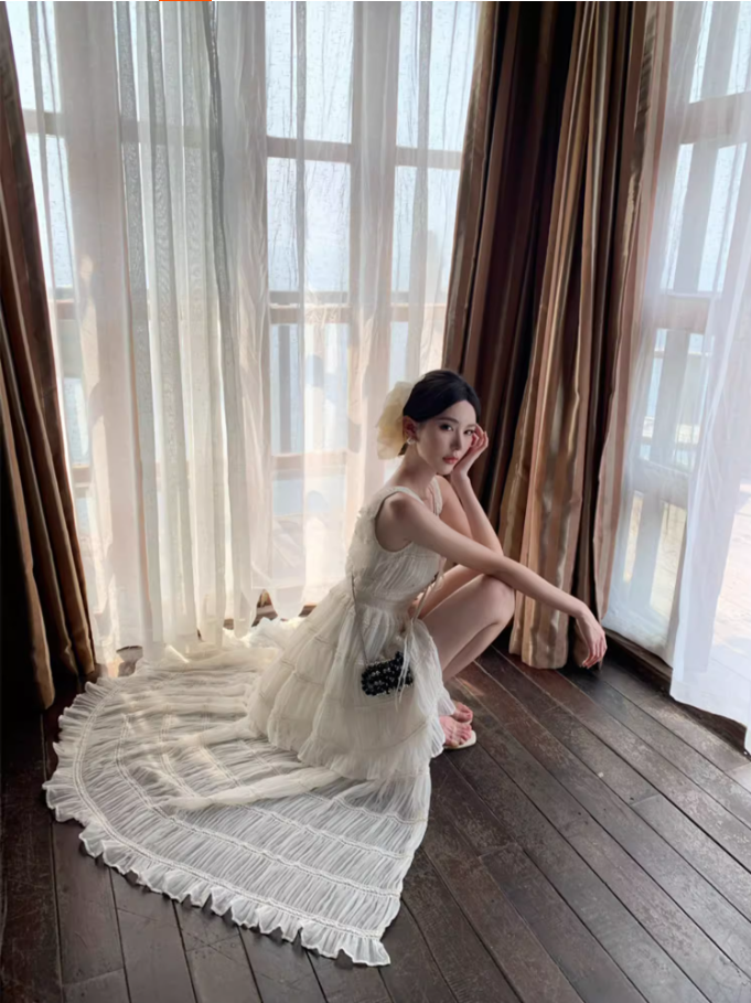 Ethereal White Tiered Flowy Chiffon Maxi Dress Spaghetti Strap High-Slit Ruffles Trimmed Long Dress AP1531