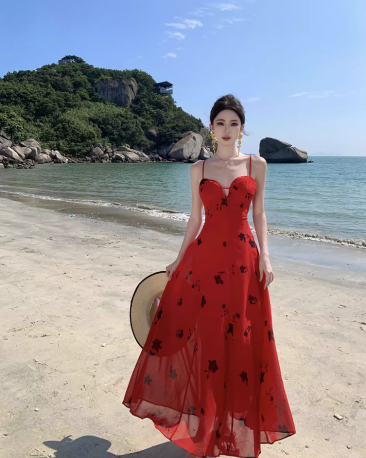 Alluring Floral Print Red Spaghetti Strap Maxi Dress Stylish Flowy Cinched-Waist Long Dress AP1540
