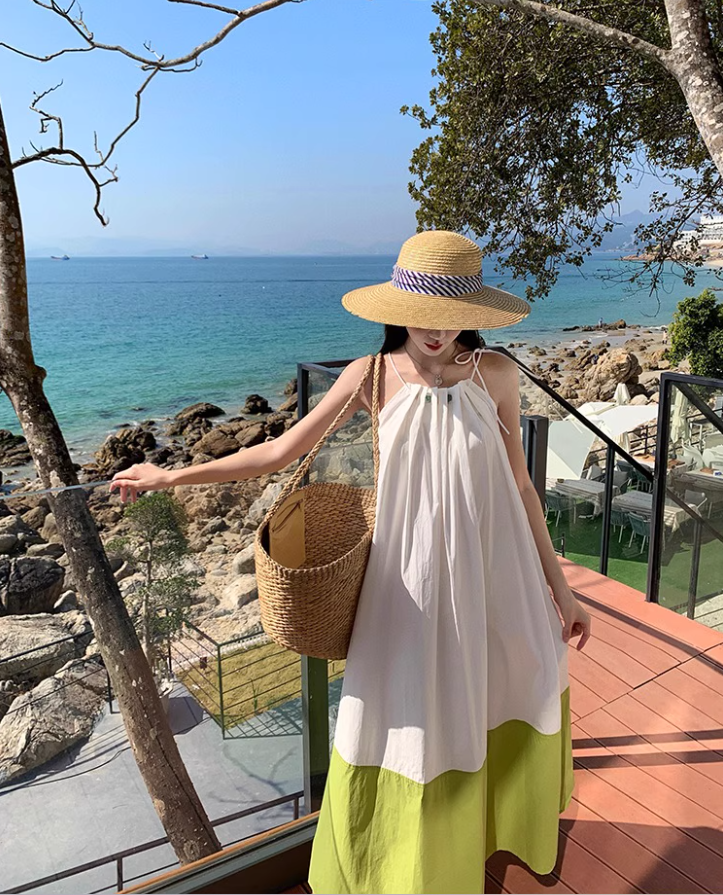 Fashionable White & Green Splicing Maxi Dress Vibrant Flowy Spaghetti Strap Loose Fitting Long Dress AP1555