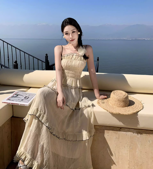 Graceful Beige Tiered Ruffle Trim Maxi Dress Romantic Two-Piece Set Flowy Spaghetti Strap Coastal Trips Long Dress AP1557