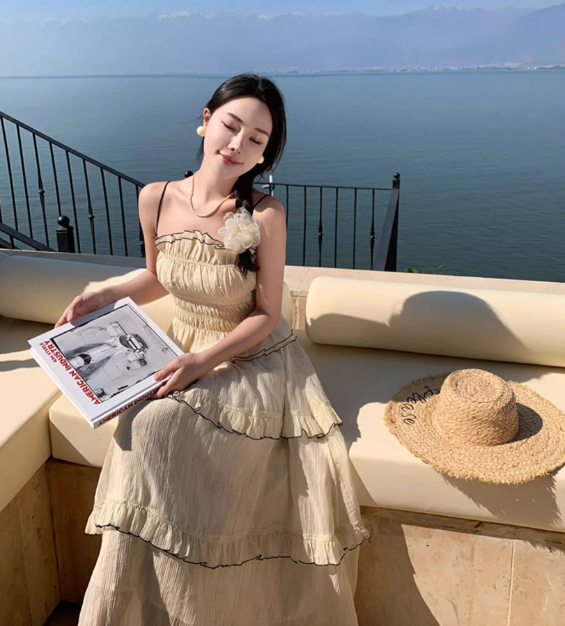 Graceful Beige Tiered Ruffle Trim Maxi Dress Romantic Two-Piece Set Flowy Spaghetti Strap Coastal Trips Long Dress AP1557