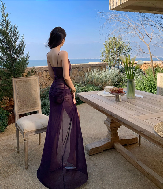 Sexy Sheer Tulle Purple Cutout Maxi Dress Alluring High-Slit Flowy Spaghetti Strap Coastal Trips Long Dress AP1558