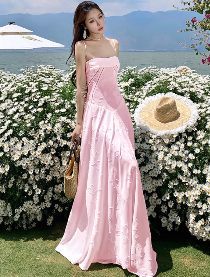 Romantic Pink Embroidered Maxi Dress Chic Spaghetti Strap Flowy Outdoor Trips Floral Pattern Long Dress AP1559