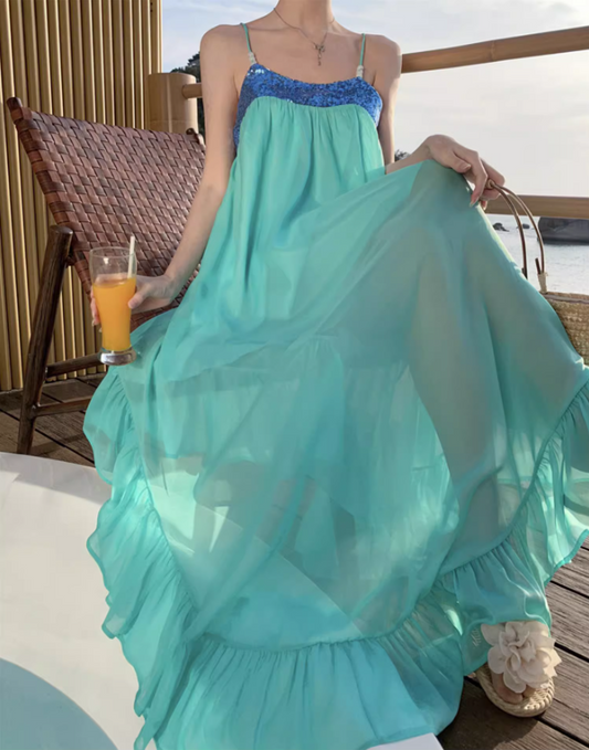 Simple Style Sparkling Sequins Trimmed Maxi Dress Chic Flowy Ruffles Hem Spaghetti Strap Double Layers Long Dress AP1562