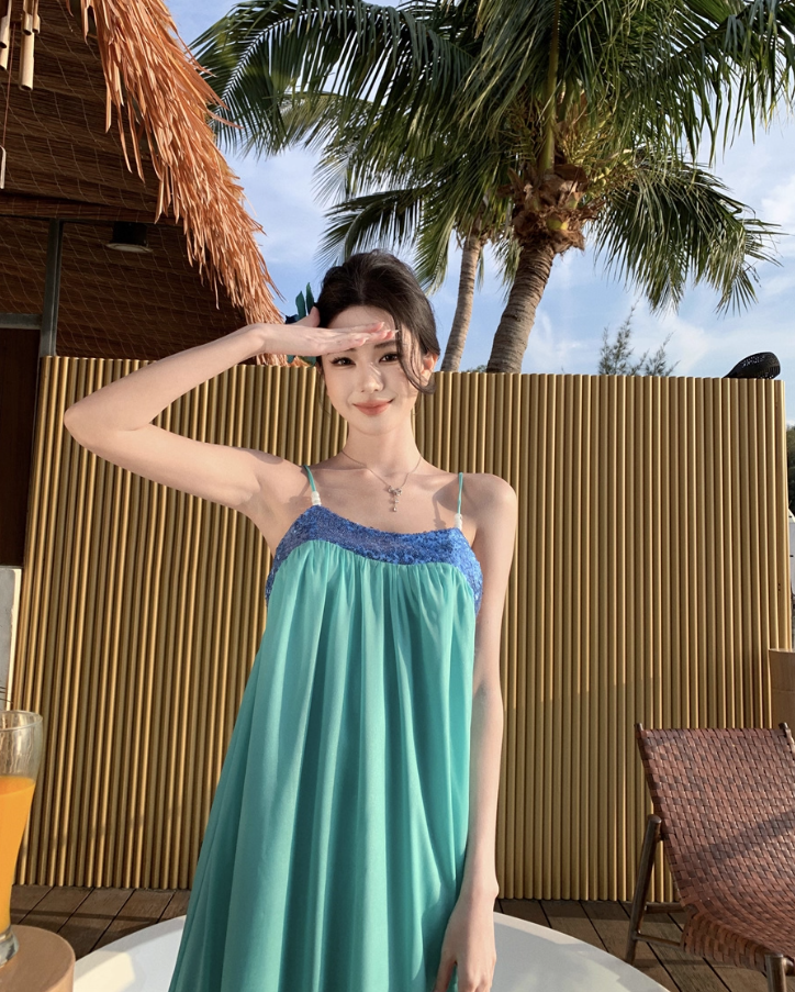 Simple Style Sparkling Sequins Trimmed Maxi Dress Chic Flowy Ruffles Hem Spaghetti Strap Double Layers Long Dress AP1562