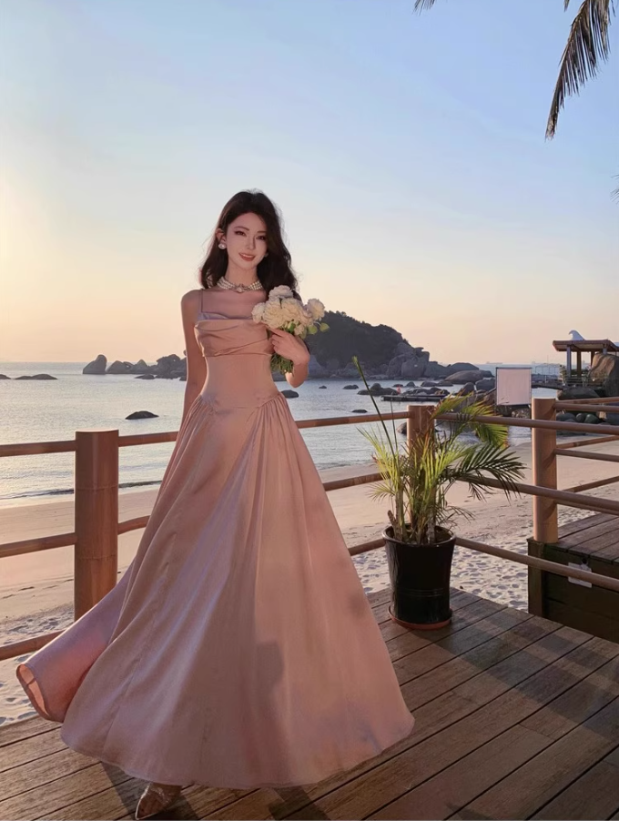 Luxurious Satin Pink Sheen Fabric Maxi Dress Charming Ruched Neckline Spaghetti Strap Cinched-Waist Long Dress AP1563