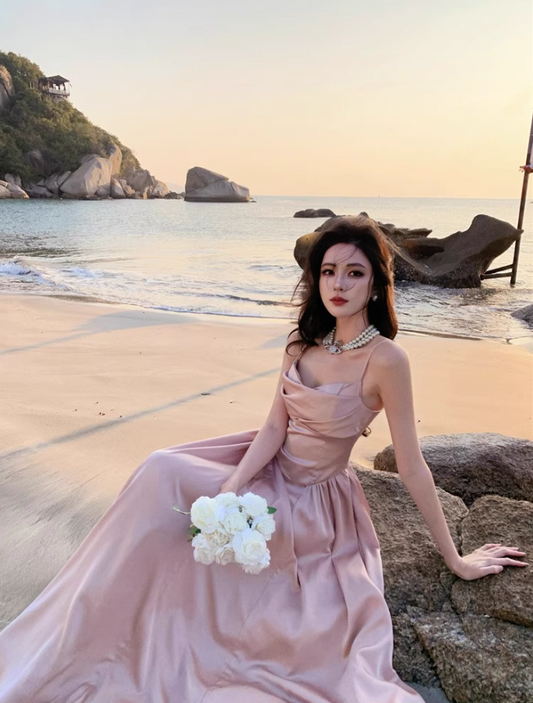 Luxurious Satin Pink Sheen Fabric Maxi Dress Charming Ruched Neckline Spaghetti Strap Cinched-Waist Long Dress AP1563