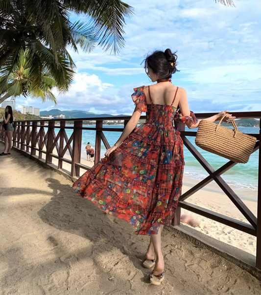 Boho-Inspired Floral Print Stylish Shoreside Shoots Maxi Dress Vibrant Spaghetti Strap Tiered Ruffles Hem Long Dress AP1564