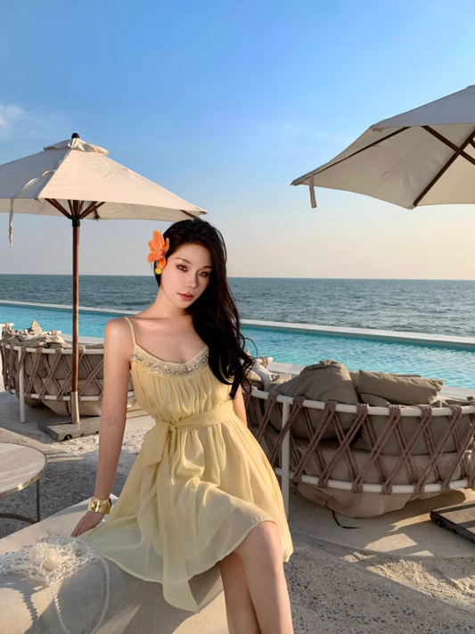 Classical Bow-Back Tie Yellow Mini Skirt Cute Beaded Neckline Coastal Trips Short Dress AP1566