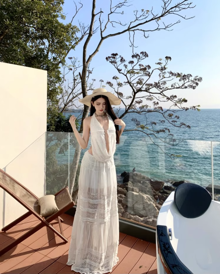 Romantic White Two-Piece Set Ruched Maxi Dress Chic Beach Vacays Sheer Lace Tiered Halter Long Dress AP1570