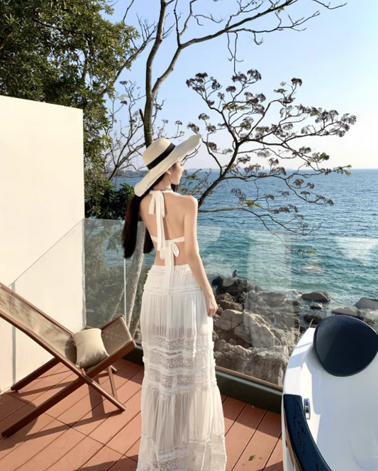 Romantic White Two-Piece Set Ruched Maxi Dress Chic Beach Vacays Sheer Lace Tiered Halter Long Dress AP1570