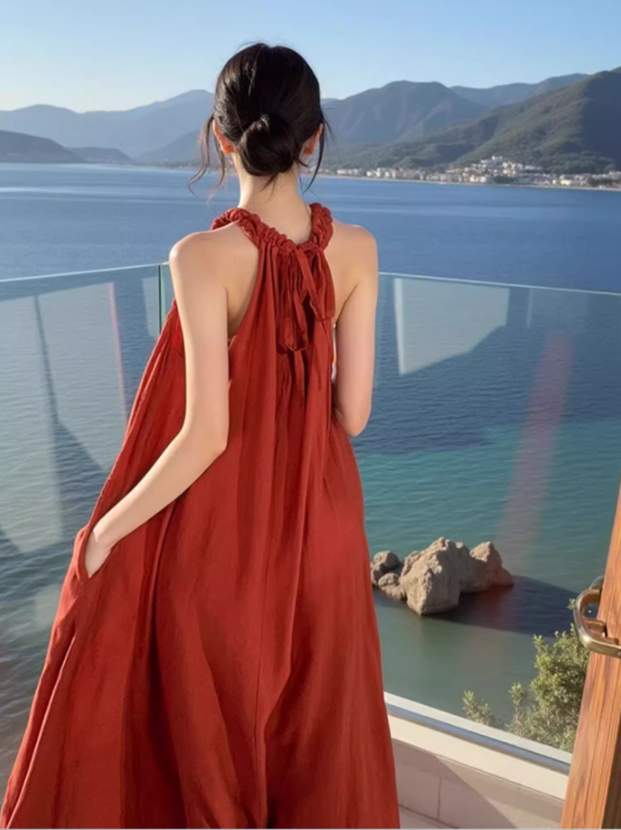 French-Style Red Flowy Hem Maxi Dress Casual Loose Fitting Beach Vacays Ruffles Neckline Halter Long Dress AP1571