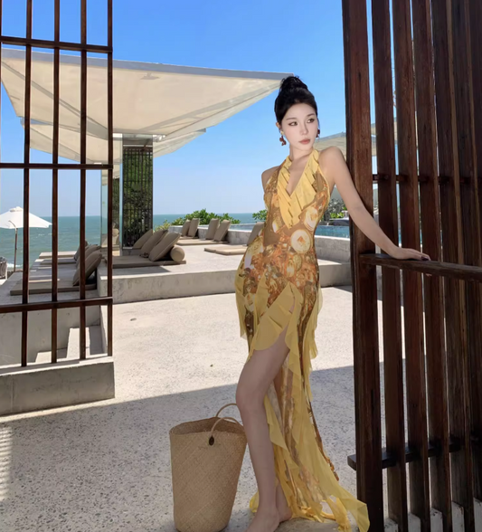 Romantic Yellow Asymmetric Ruffles Trimmed Maxi Dress Vogue High-Slit Outdoor Trips Floral Print Halter Long Dress AP1573