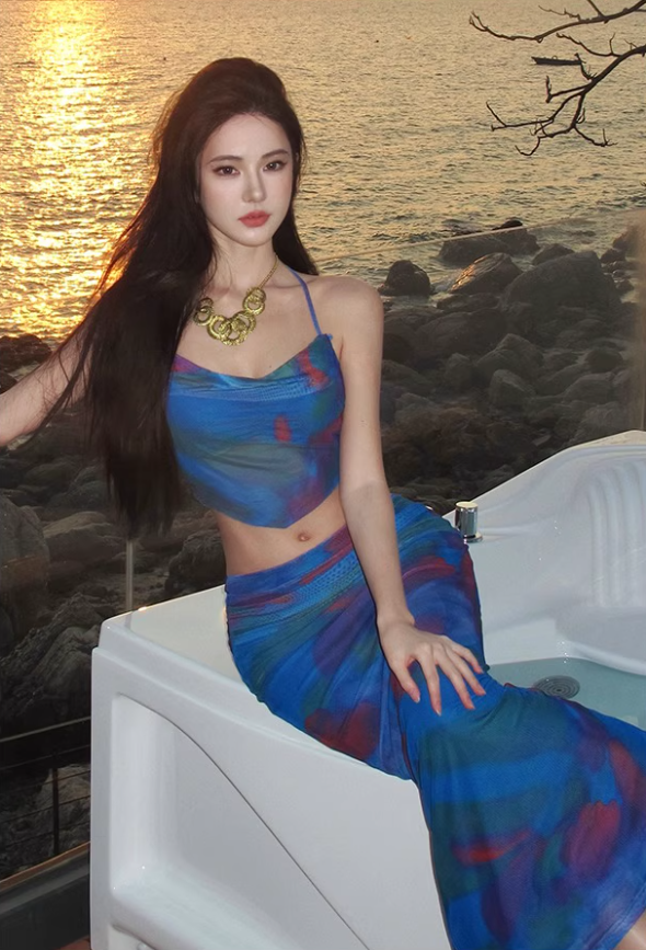 Dopamine Style Blue Printed Two-Piece Set Maxi Dress Vibrant Open-Back Tie Flexible Mesh Halter Long Dress AP1574