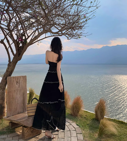 Graceful Tie Front Tiered Black Two-Piece Set Maxi Dress Lakeside Vacays Sexy Sheer Mesh Backless Halter Long Dress AP1575