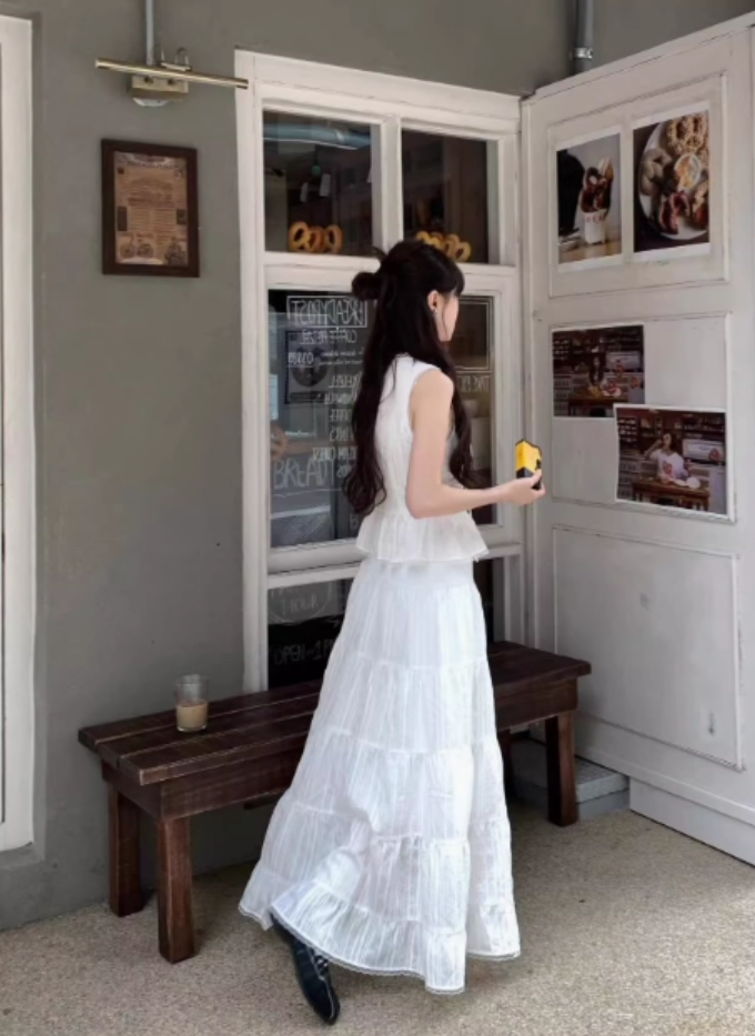 Chic Sleeveless Lace Trimmed Maxi Dress Two-Piece Set Flowy Ruffles Hem Versatile Outfit Long Dress AP1579