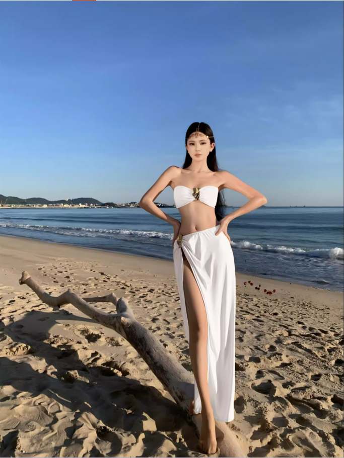 Grecian-Inspired White Bandeau Maxi Skirt Chic High-Slit Bodycon Fit Gold-Accent Beach Vacation Outfit Long Dress AP1582