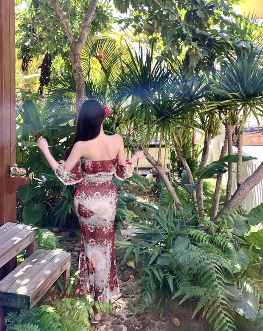 French-Inspired Floral Print Ruffles Lace Trimmed Maxi Dress Vintage Off-Shoulder Bodycon Vacation Outfit Long Dress AP1583