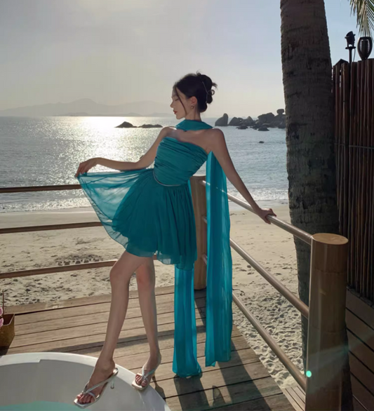 Vintage Teal Beach Vacays Tulle Layered Mini Skirt Charming Party Outfit Strapless Sash Detail Short Dress AP1585