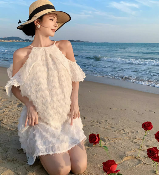 New Fashion White Feather Textured Mini Skirt Vogue Party Outfit Cold-Shoulder Short Dress AP1587