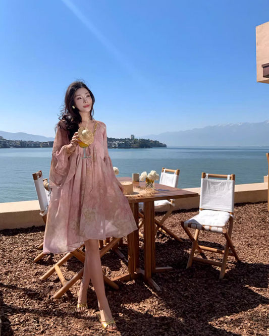 Charming Pink Floral Print Mini Skirt Niche Long Sleeve Flowy Party Outfit Short Dress AP1589