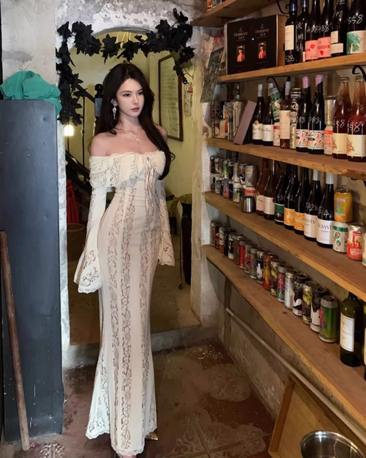Elegant Beige Off-Shoulder Lace Splicing Maxi Skirt Chic Long Bell Sleeves Cutout Mermaid Evening Galas Long Dress AP1592