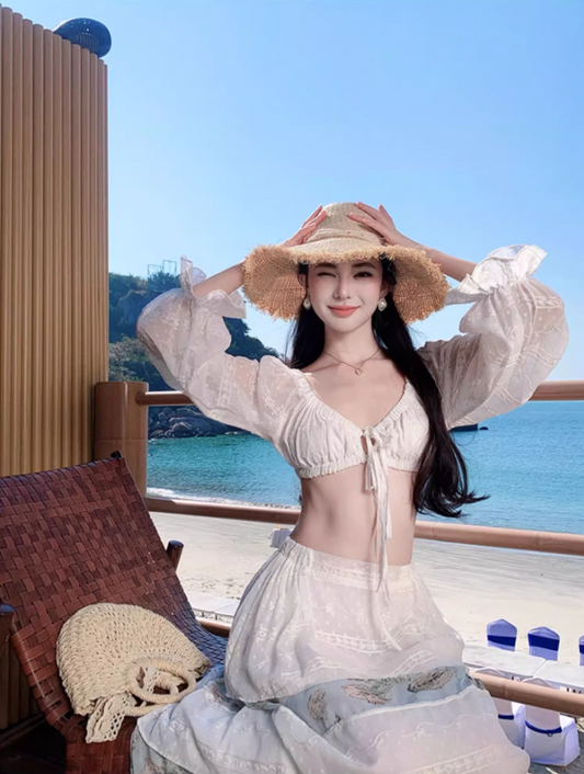 Novelty Coastal Vacays Off-Shoulder Two-Piece Set Maxi Skirt Elegant Long Puff Sleeve Crop Top Tiered Floral Print Long Dress AP1593