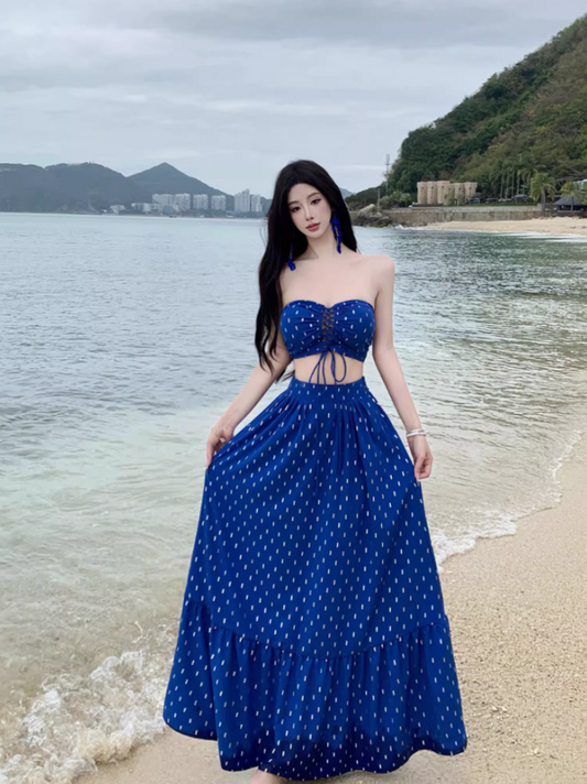 Boho-Inspired Navy Blue Polka Dot Maxi Skirt Vintage Two-Piece Set Vacation Outfit Strapless Lace-Up Crop Top & Ruffles Long Dress AP1594