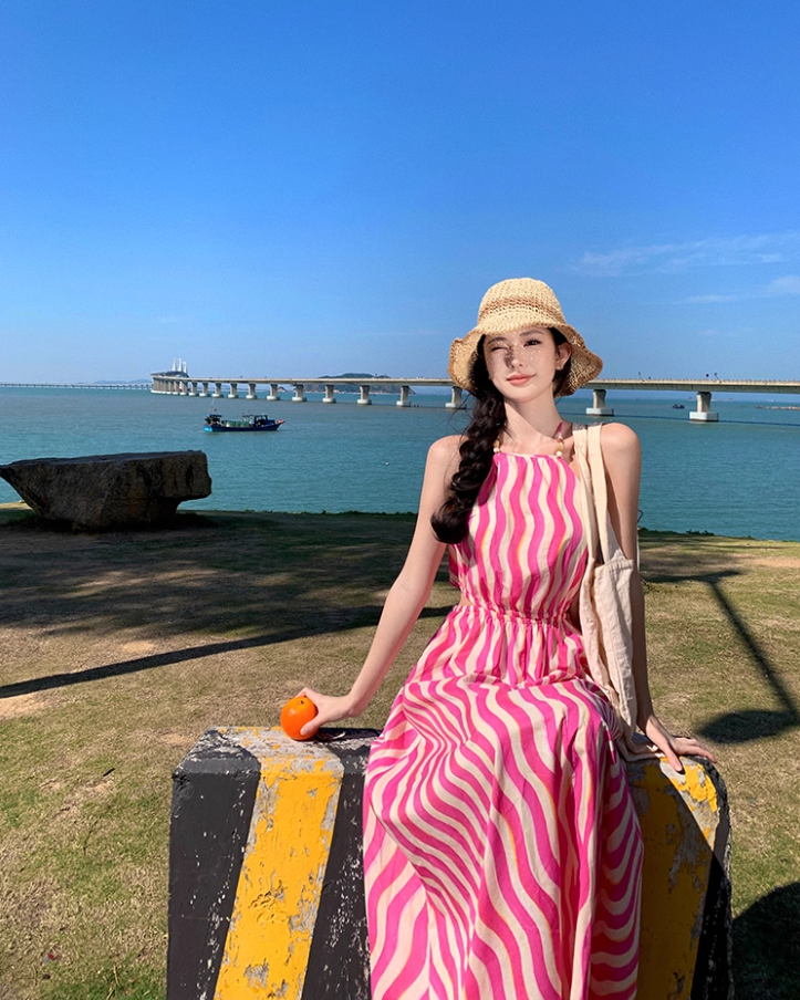 Vibrant Pink & White Striped Maxi Dress Chic Outdoor Trips Flowy Hem Halter Long Dress AP1599