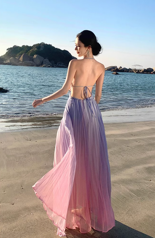 Dopamine Style Double Layers Pink & Purple Gradient Maxi Dress Niche Beach Vacations Cross V-Neck Pleated Halter Long Dress AP1601