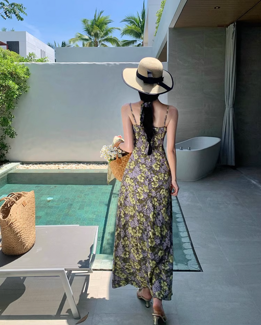 French Style Floral Print Green Maxi Dress Retro Flowy Hem Outdoor Trips Spaghetti Strap Long Dress AP1602