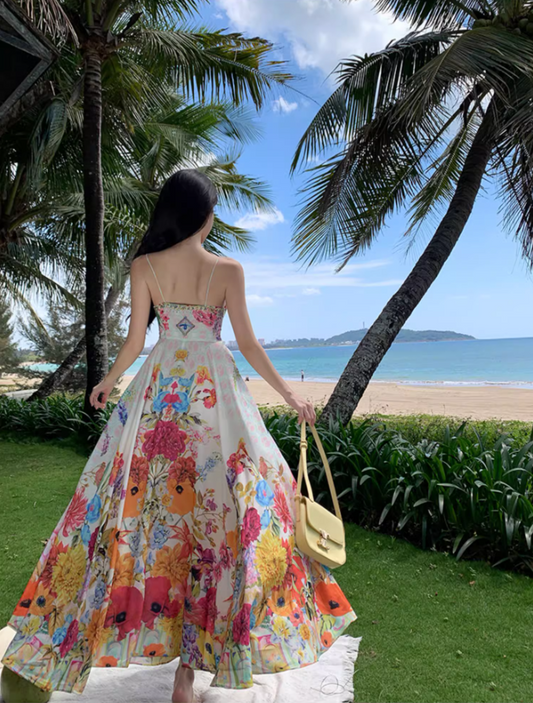Vibrant Style Floral Print Cinched-Waist Maxi Dress Vintage Outdoor Trips Flowy Hem Spaghetti Strap Long Dress AP1603
