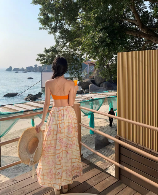 Vibrant Orange Crop Top Coastal Trips Maxi Dress Chic Flowy Two-Piece Set Printed Plaid Long Dress AP1607