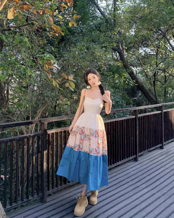 Cottagecore Patchwork Spaghetti Strap Maxi Dress Nature-Inspired Trips Tiered Color-Block Long Dress AP1608