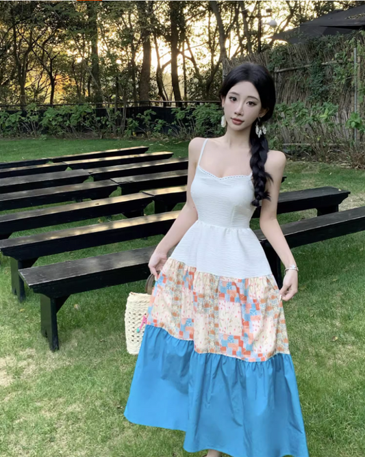 Cottagecore Patchwork Spaghetti Strap Maxi Dress Nature-Inspired Trips Tiered Color-Block Long Dress AP1608