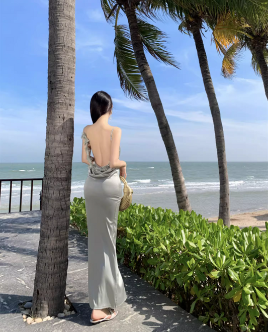 Garden Vacation Lustrous Fabric Spaghetti Strap Maxi Dress Nature-Inspired Trips Flower Design Backless Long Dress AP1609