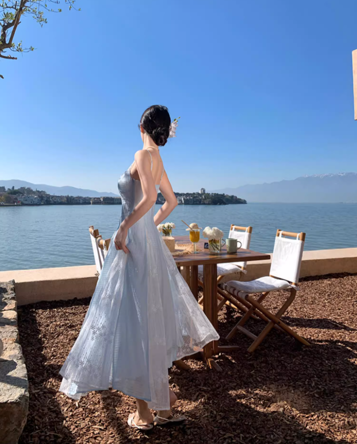 Ethereal Blue & White Splicing Textured Floral Spaghetti Strap Maxi Dress Natural Trips Cinched-Waist Flowy Long Dress AP1610