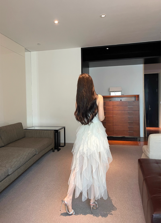 Evening Galas Asymmetric Cascade Tulle Hem Maxi Dress White Ruched Cinched-Waist Long Dress AP1620