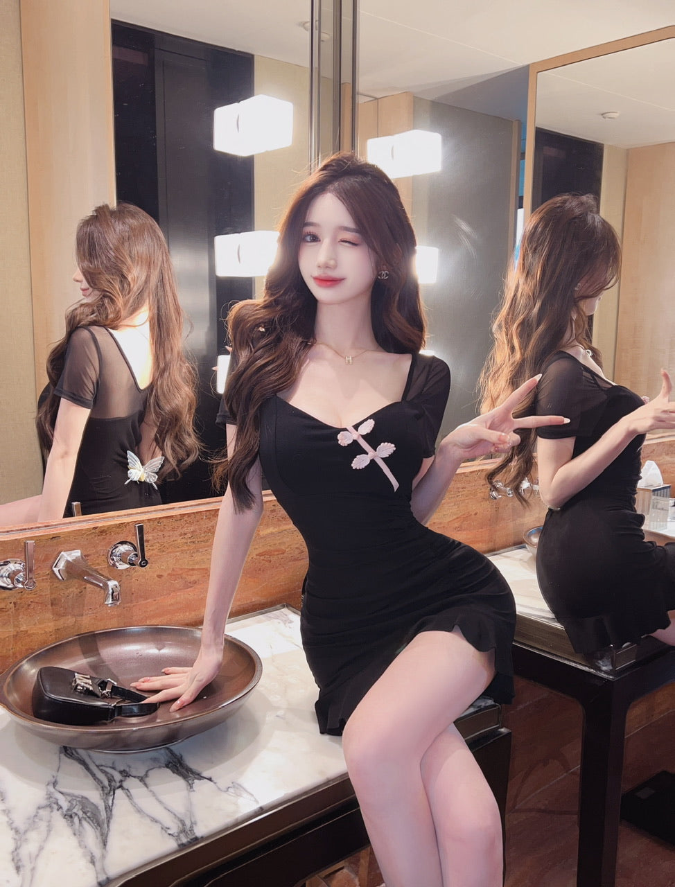 Classical Sheath Ruffles Trimmed Leaf Design Mini Skirt Y2K Party Outfit Black Lace Short Sleeve Short Dress AP1625