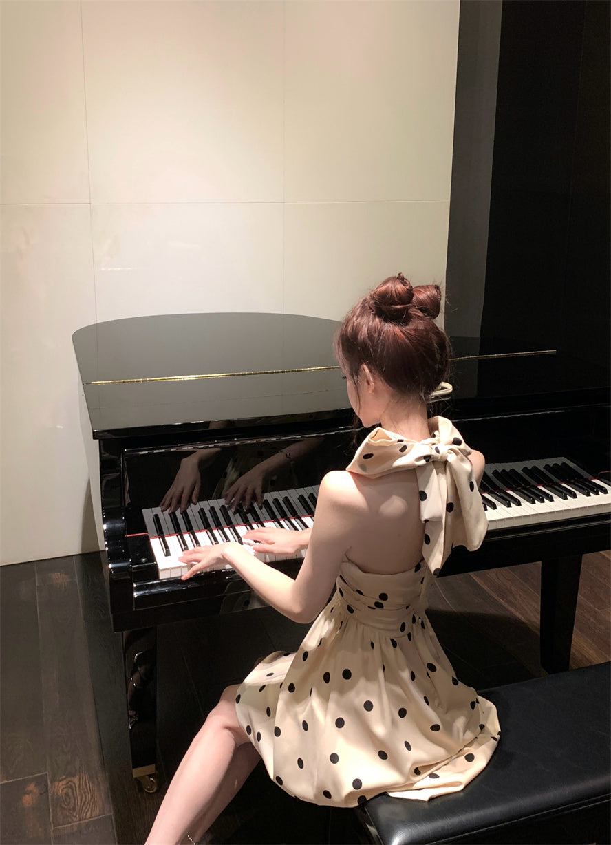 Vogue Beige Polka Dots Mini Skirt Chic Bow Detail A-Line Vacation-Ready Halter Short Dress AP1633