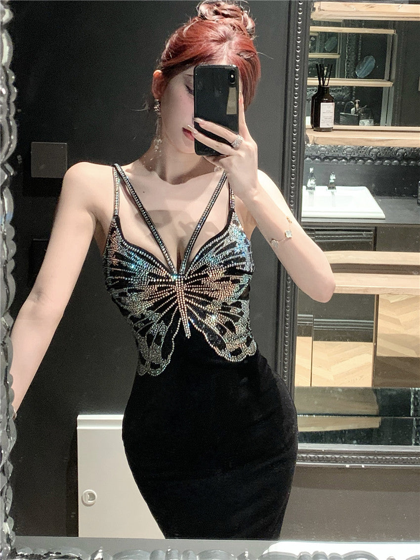 Chic Black Velvet Sequin Butterfly Maxi Dress Vogue Feast Outfit Side Slit Spaghetti Strap Long Dress AP1642