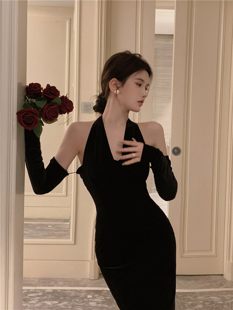 Classical Long Detachable Sleeve Black Velvet Maxi Dress Niche Feast Outfit Bodycon Mermaid Hem Backless Halter Long Dress AP1644