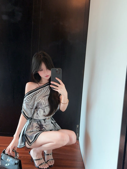 Vogue Asymmetric Neckline Abstract Pattern Print Mini Skirt Y2K Style Date Night Cinched-Waist With Belt Short Dress AP1652